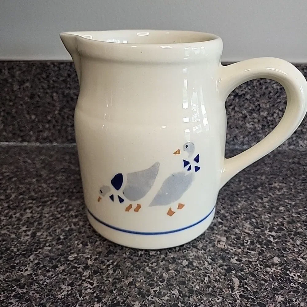 VINTAGE‎ Friendship Pottery Roseville OH Pitcher Blue Stripe & Geese Cottagecore